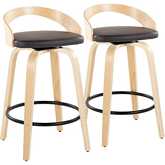Grotto 26" Swivel Counter Stool in Natural Wood & Brown Leatherette with Black Footrest (Set of 2)